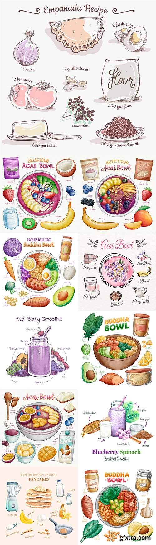 Buddha bowls and Acai recipes drawn illustrations
