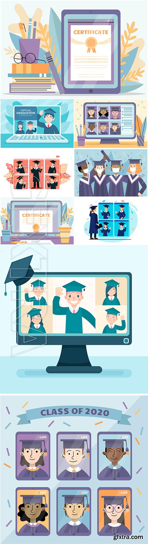 Virtual graduation ceremony with students and computer