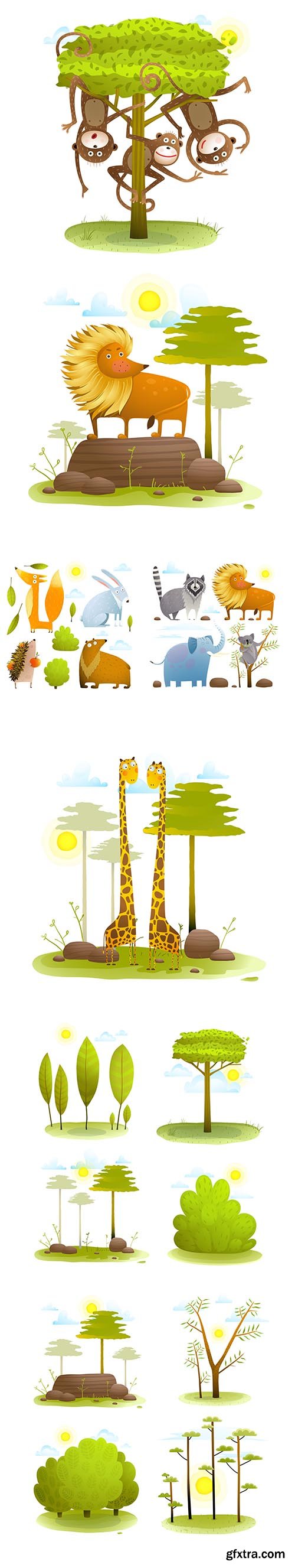 Animal cartoon in wild nature with trees lawn and rock 