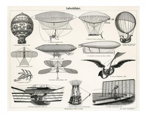 Collection of early flying machines including air balloons, airships, airplanes illustration wall art print and poster design remix from original artwork. - 2267055