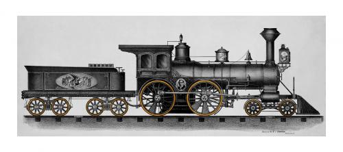 Gray railroad engine vintage illustration wall art print and poster design remix from original artwork. - 2271310