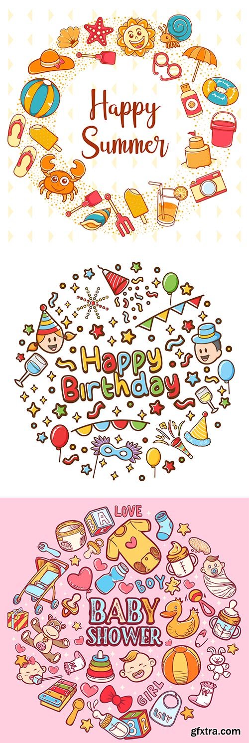 Happy baby shower, summer and Happy Birthday icons 