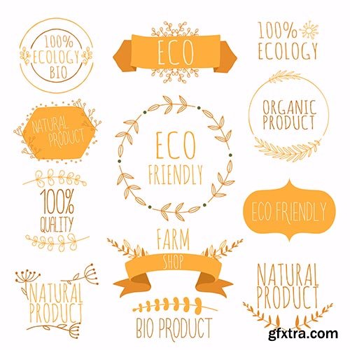Collection of orange labels and badges for organic natural