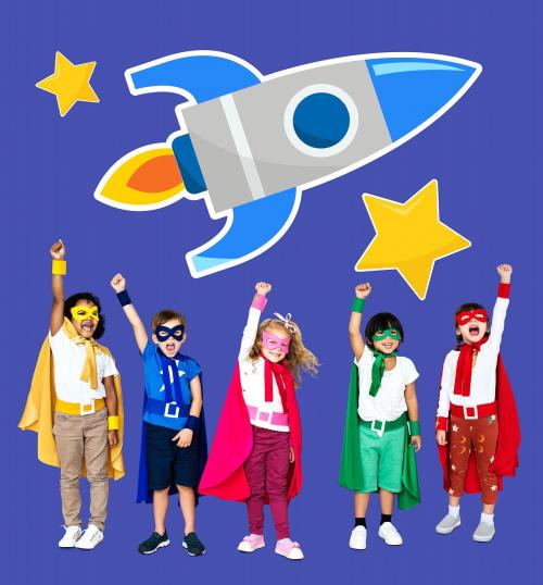 Young superheroes with a rocket icon - 504390