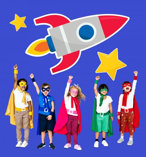 Young superheroes with a rocket icon - 504433