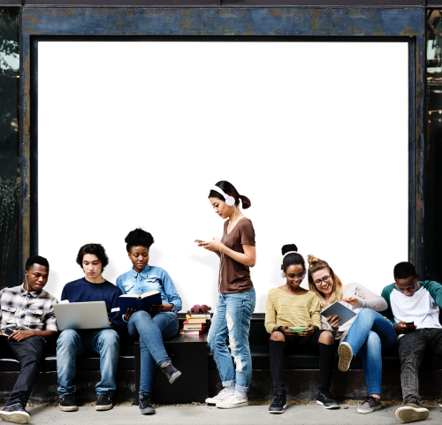 Students using devices at a bus stop with billboard mockup transparent png - 2024688