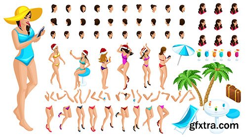 Isometric character constructor, a dancing girl for christmas on the beach