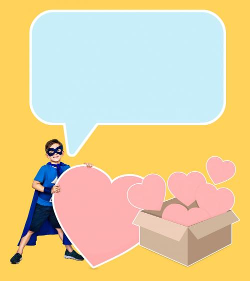 Young superhero collecting hearts in a box - 504130