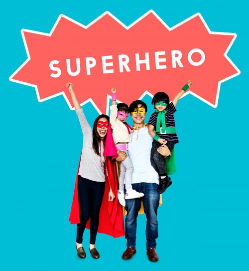 Happy family wearing superhero costumes - 503925