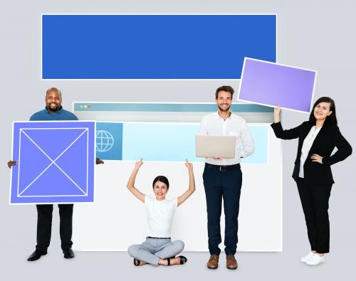 Happy diverse people holding a web design - 493369