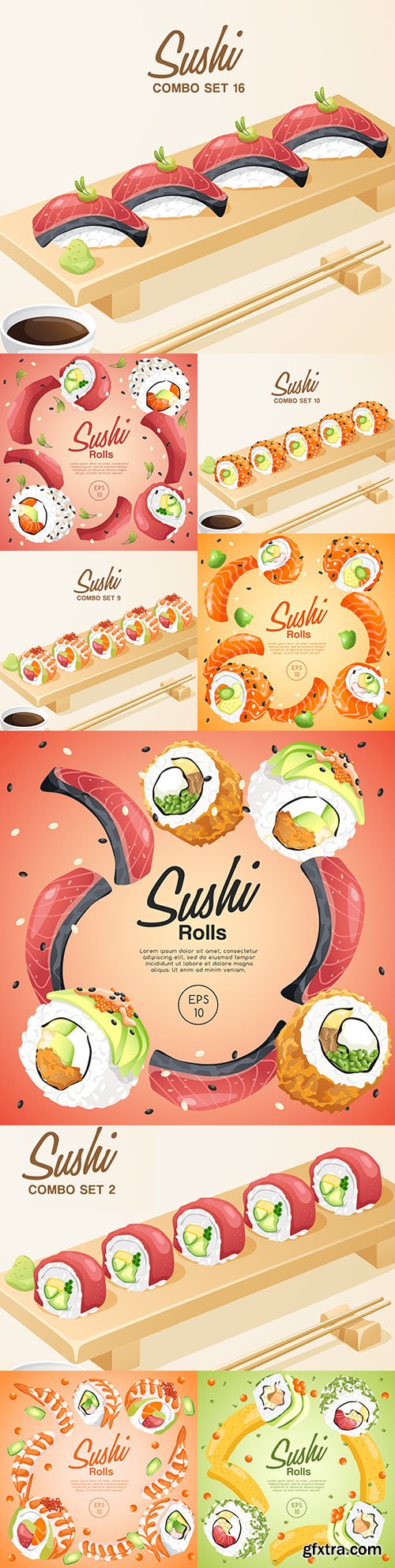Japanese sushi-roll kitchen on wooden plate layout template

