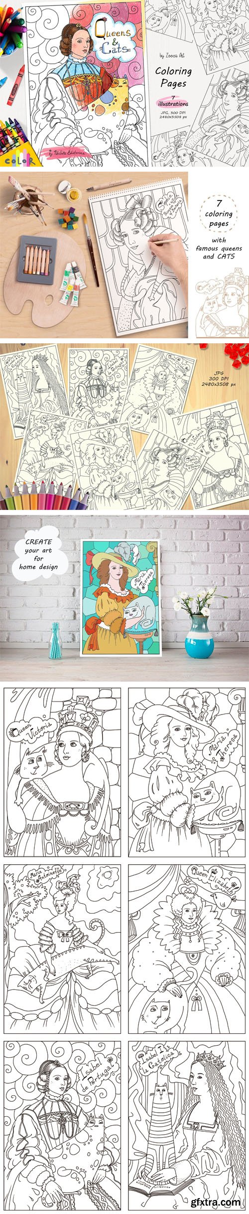 Queens and Cats - Coloring pages - 7 Illustrations Queens and Cats - Coloring pages - 7 Illustrations
