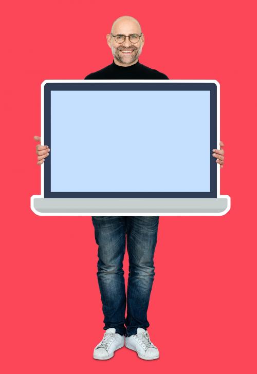 Man showing a blank laptop screen mockup - 493170