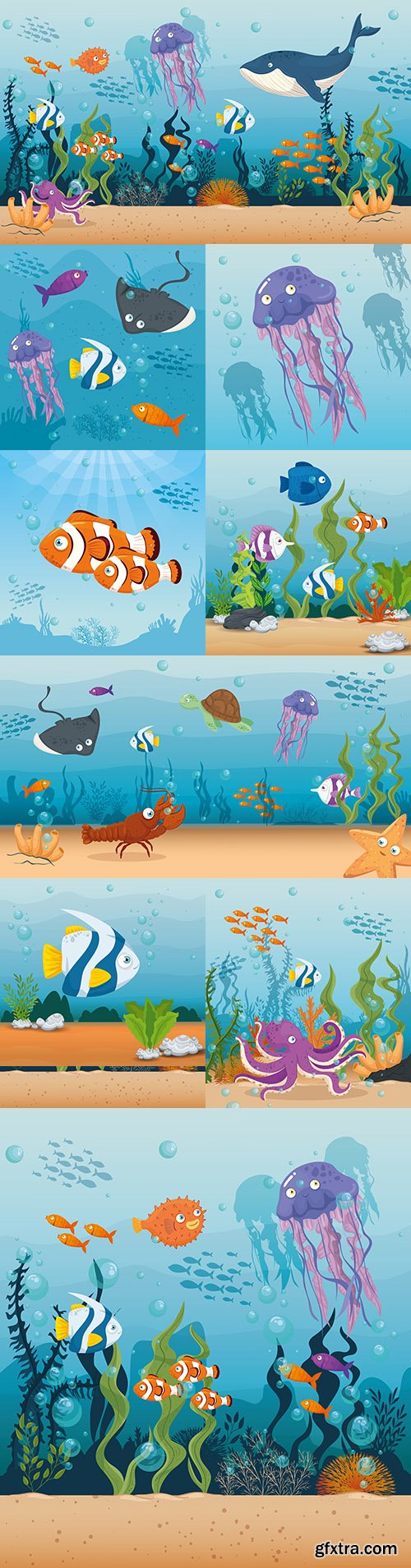 Cute fish and inhabitants of marine world in ocean