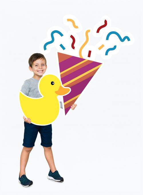 Happy kid with a party hat and a duck - 491833