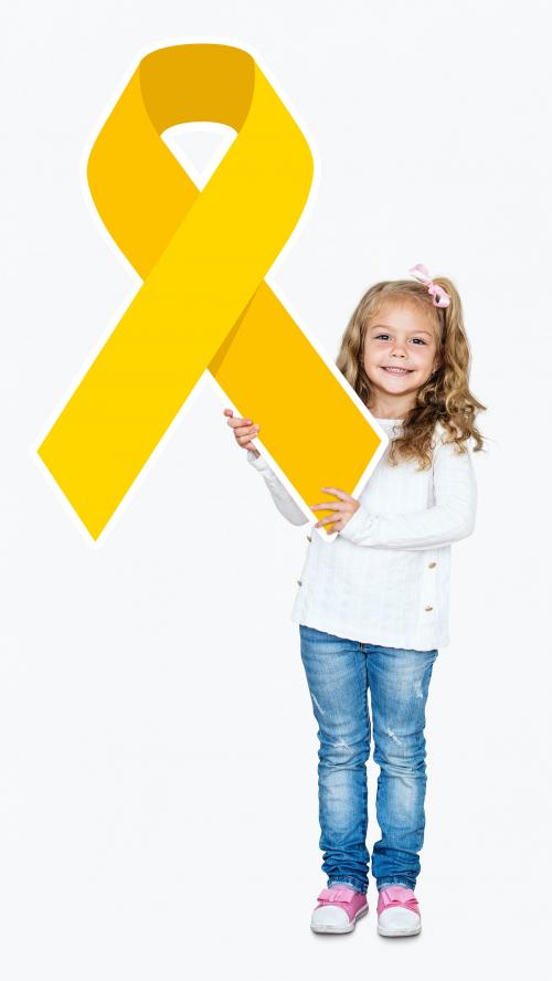 Young girl holding gold ribbon supporting childhood cancer awareness - 491838