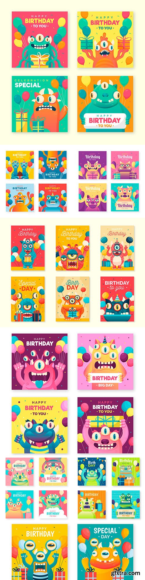Birthday card for illustrations with funny monsters
