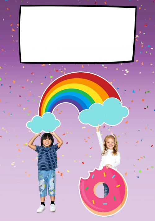 Cheerful kids with a rainbow and a donut icon - 491852