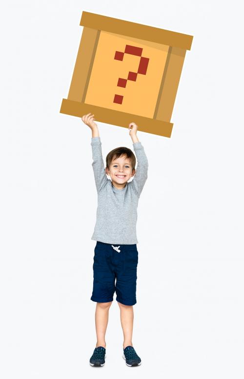 Happy boy holding a pixilated question mark icon - 491855