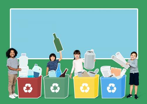 Happy diverse kids recycling garbage into bins - 491894