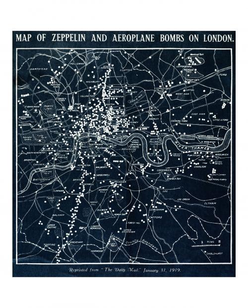 Vintage map of zeppelin and aeroplane bombs on London illustration wall art print and poster design remix from the original artwork. - 2267041