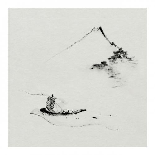 Small boat on a river with Mount Fuji grayscale vintage illustration, remix from original artwork. - 2271292