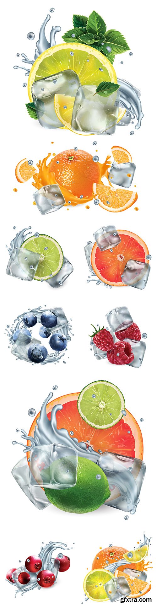 Juicy fruit with ice cubes and water pleats
