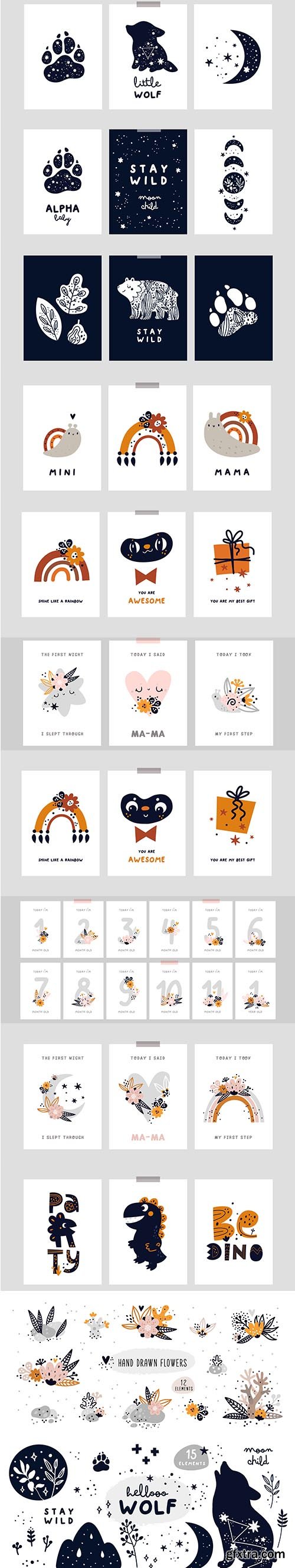 Hand-Draw Flowers Set and Various Card Template