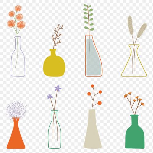 Colorful doodle flowers in vases pattern on transparent - 2028153