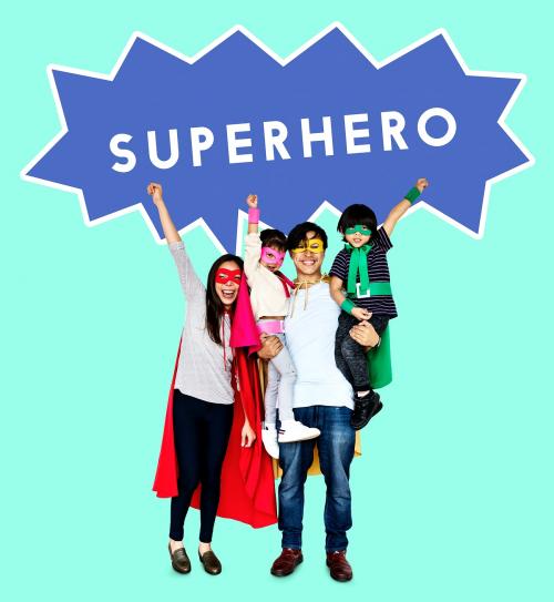 Happy family wearing superhero costumes - 490346