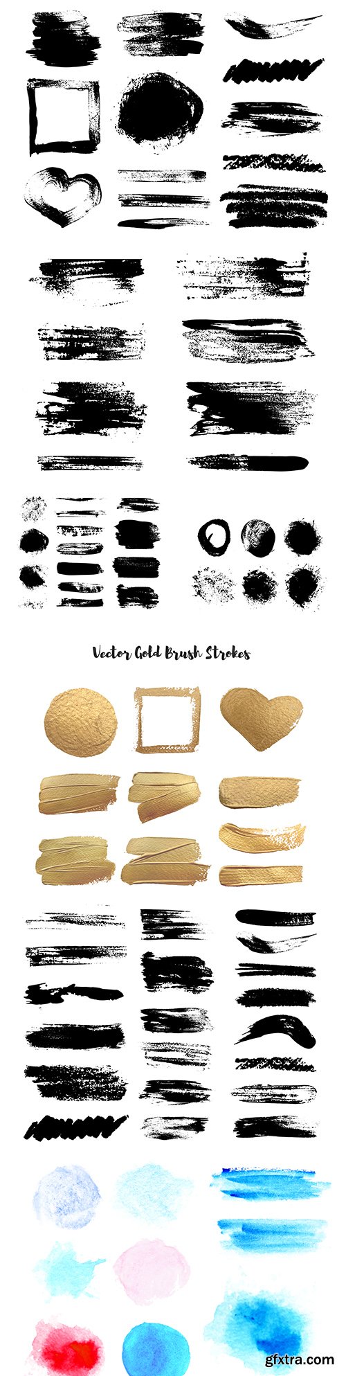 Grunge black and color dabs of paint, strokes, brushes
