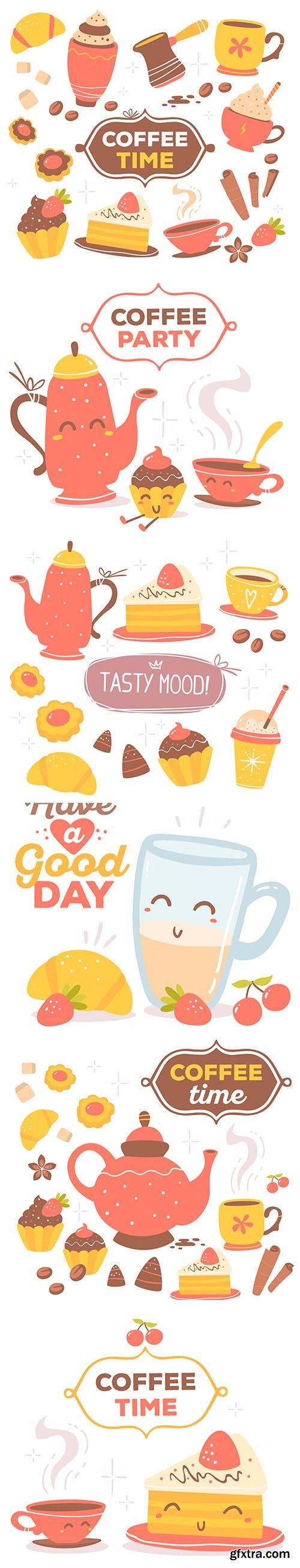 Colorful Set of Red Coffee Theme Objects