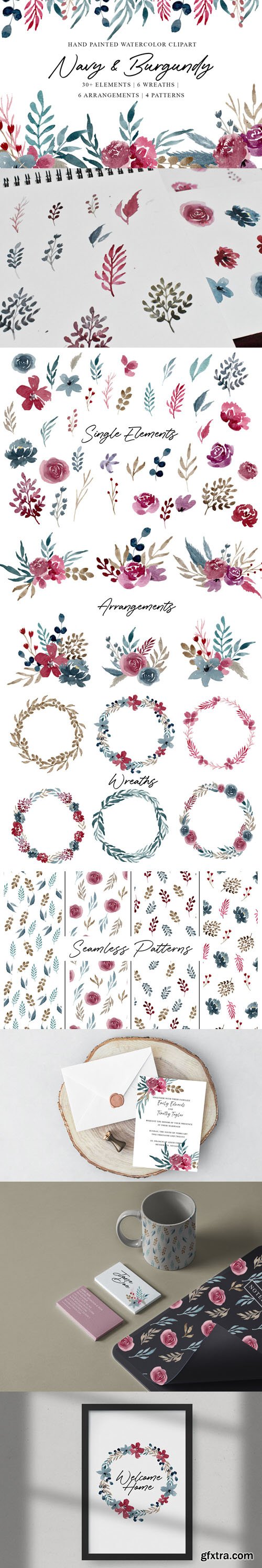 Navy & Burgundy - Hand Painted Watercolor Clipart PNG Navy & Burgundy - Hand Painted Watercolor Clipart PNG