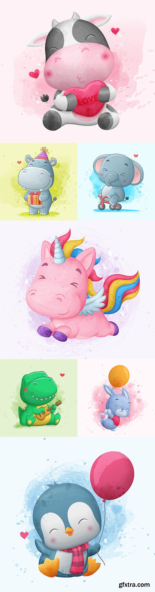 Watercolor illustrations cute cartoon animals with balloons
