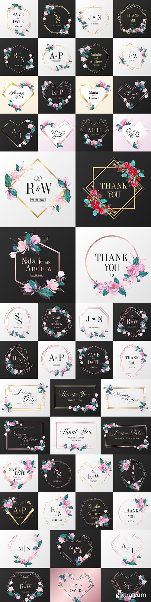 Monogram with flowers wedding watercolor logo with gold frame
