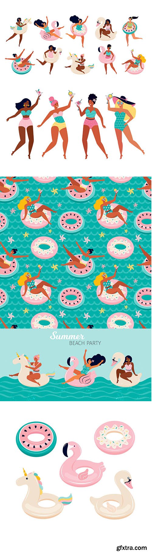 Set of Swimming Toys and Beach Party Happy Women