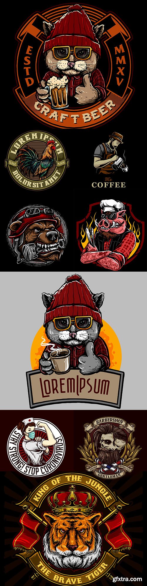 Vintage emblem with funny animals drawing illustration
