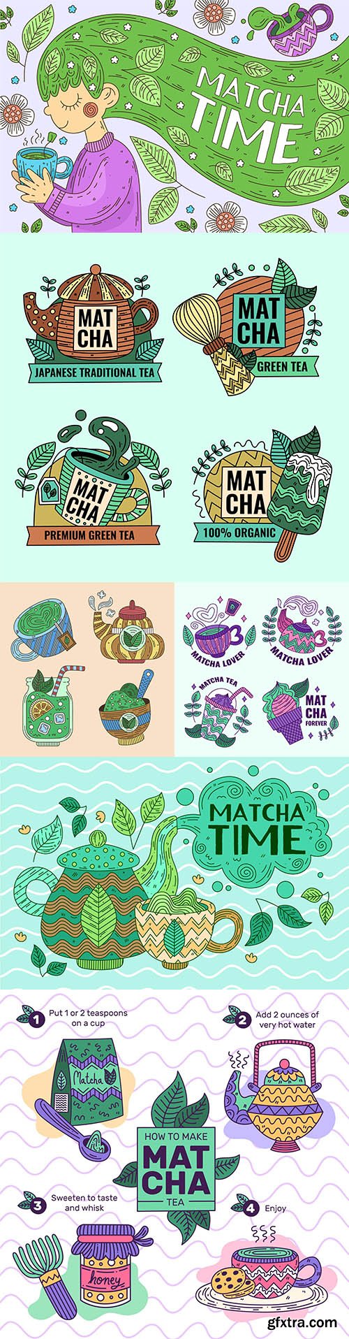 Delicious Desserts and Green Tea Match Illustration 6xEPS