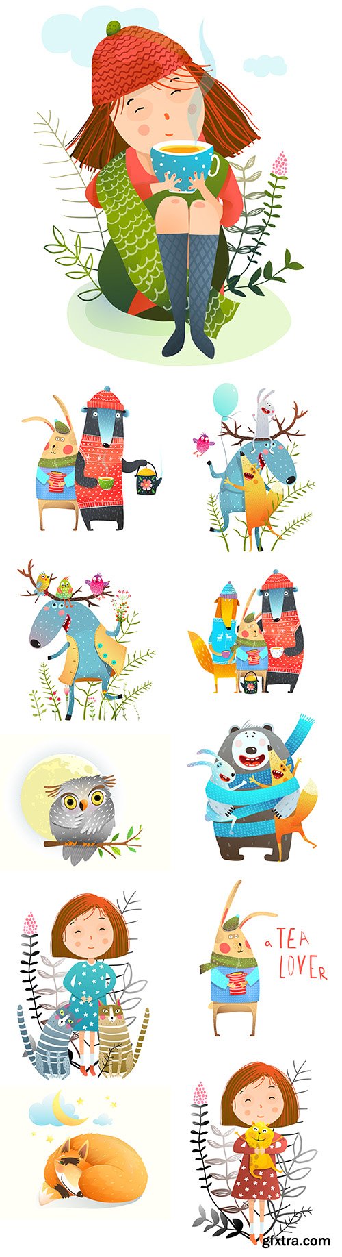 Little girl and various animals drawn illustrations
