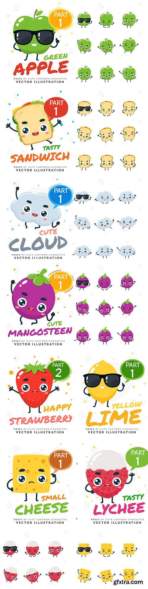 Vegetables and fruit poses cute cartoon characters
