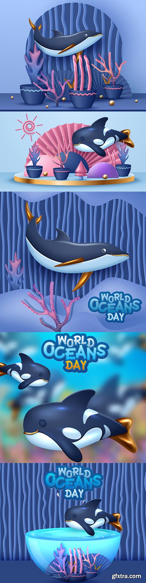 World ocean day with marine dwellers cartoon 3d illustrations
