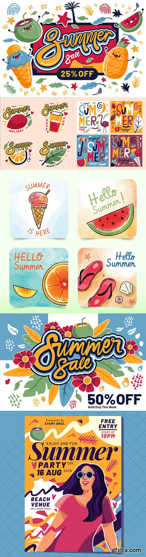 Colorful Summer Sale and Flat Design Emblems 8xEPS