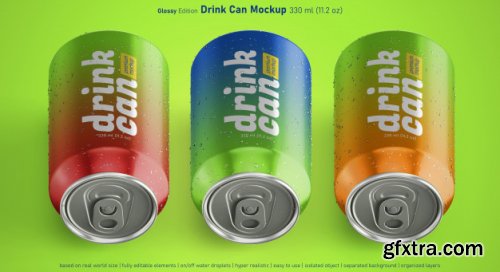 Editable realistic soda can 330ml premium mockup with water drops