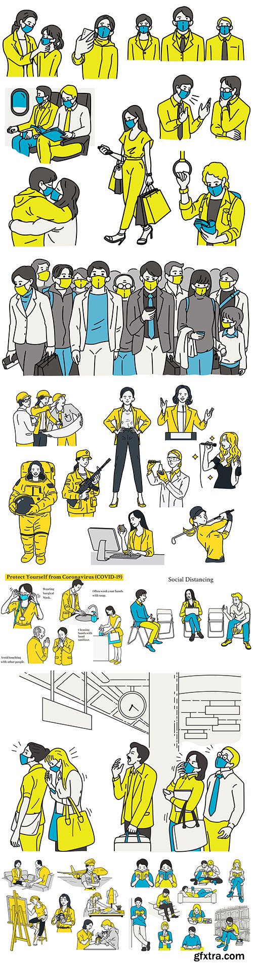 People wearing protective masks in public areas painted design
