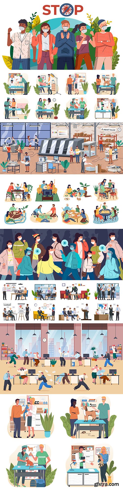 Work in the office and at home people in masks
