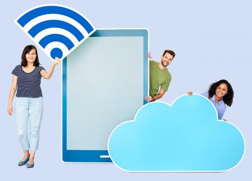 People holding different icons in wireless and cloud technology theme - 450213