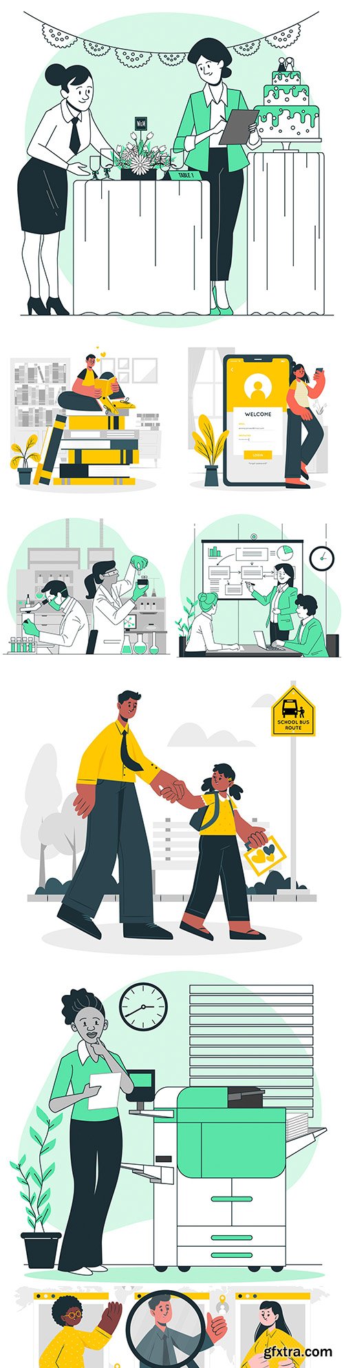 People in different life situations and work in office
