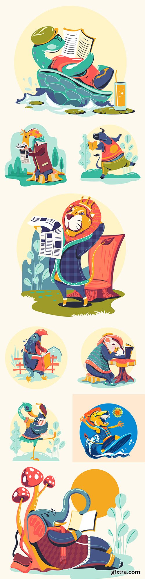Funny animal characters painted colorful illustrations
