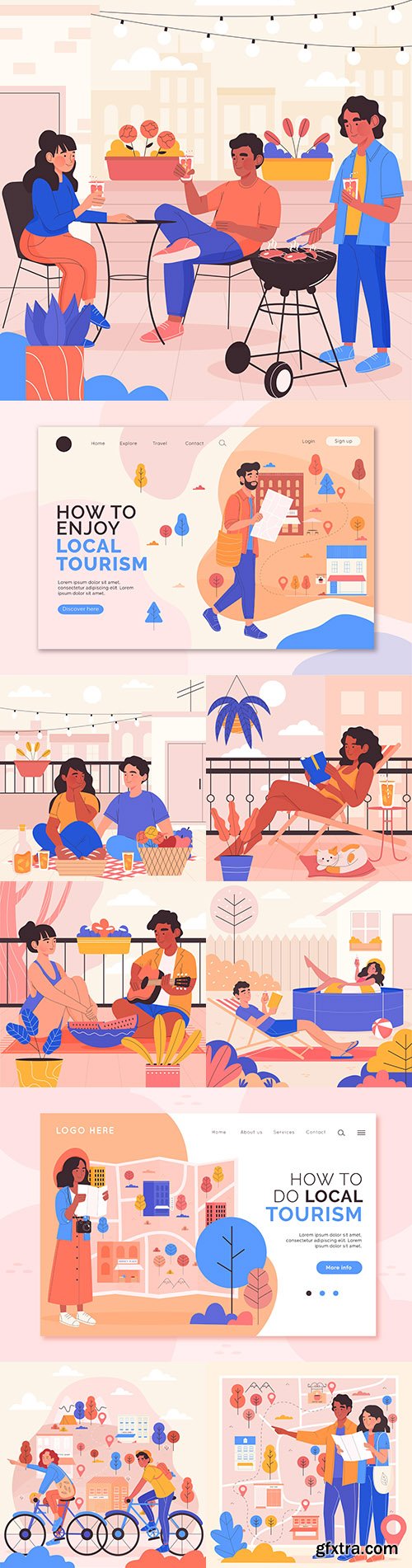 Different people on balcony, beach and walk illustration
