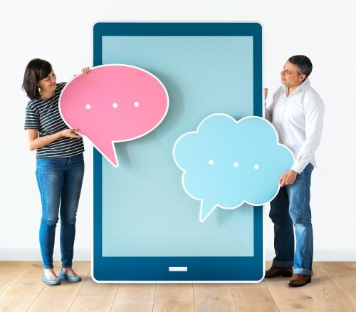 Diverse people holding speech bubbles and tablet - 405228